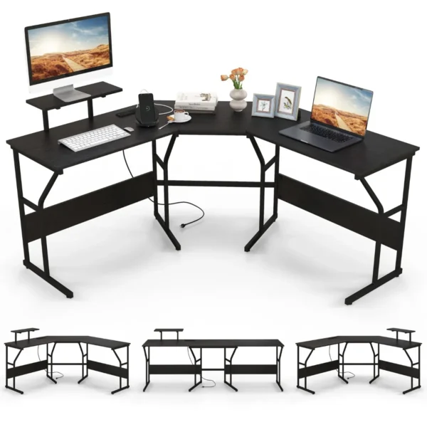 L-Vormig Bureau Met Stopcontacten Hoekbureau Met Verwijderbare Schermsteun 225 Cm Lange Computerwerkplek Voor 2 Personen-Zwart