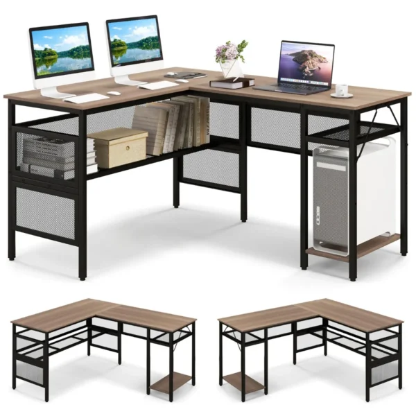 L-Vormig Bureau Omkeerbaar Hoekbureau Met Opbergplanken Van Gaas CPU-Houder Spelletjesbureau Voor Werk Studie Spelletjes
