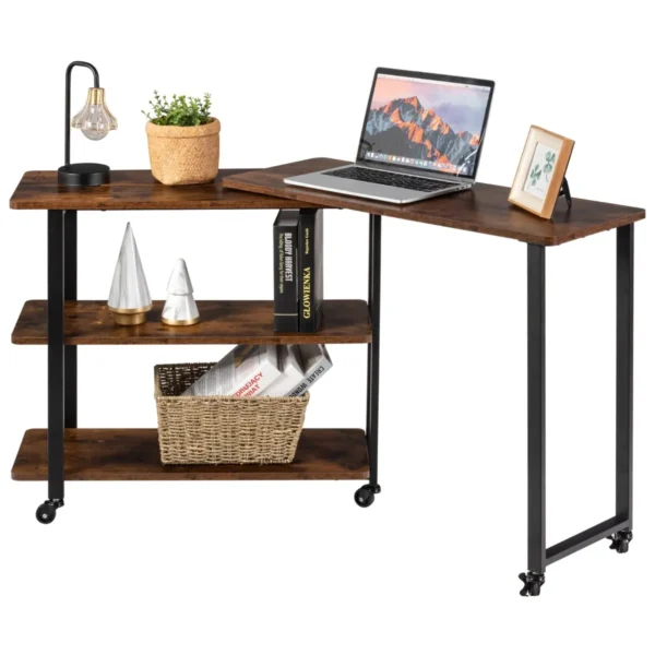L-Vormige Zij Tafel Computer Bureau Grote Studie Schrijf Tafel Met Rollende Wielen Beweegbare Tafelblad Stevige Metalen Frame Bruin