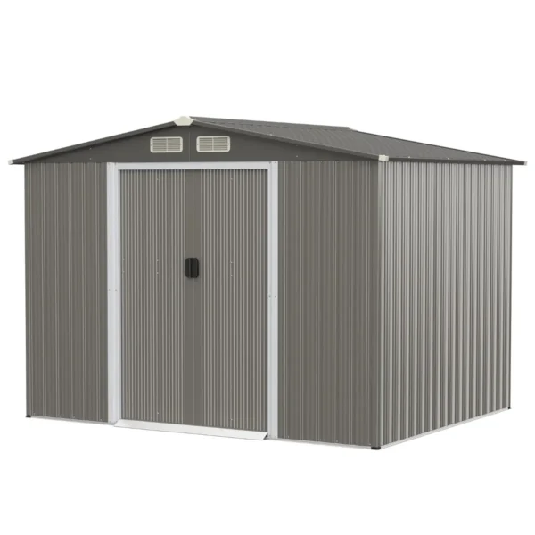 Metalen Tuinhuisje Buiten 9,74m³ Gegalvaniseerd Staal Met Fundering 4 Luiken Dubbele Deur En Oprit 260 X 207 X 181 Cm
