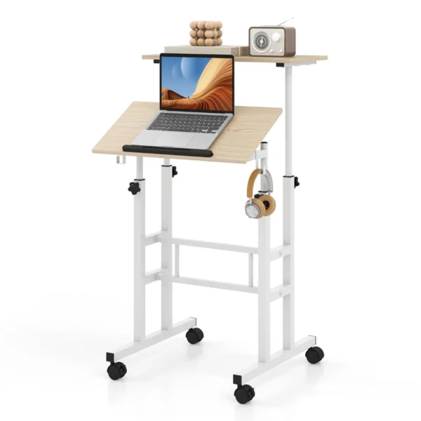 Mobiele Sta-bureau In Hoogte Verstelbare Laptoptafel Met Gedeeld Blad & Verstelbare Hoek Verrijdbaar Bureau Voor Thuiswerken Naturel