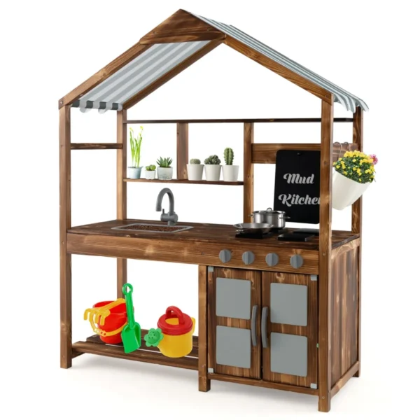 Modderkeuken Kinderen Buiten Kinderkeuken Massief Hout Met Luifel & Kraan & Spoelbak & Tafel & Bloempotten Tuinkeuken Incl. Accessoires