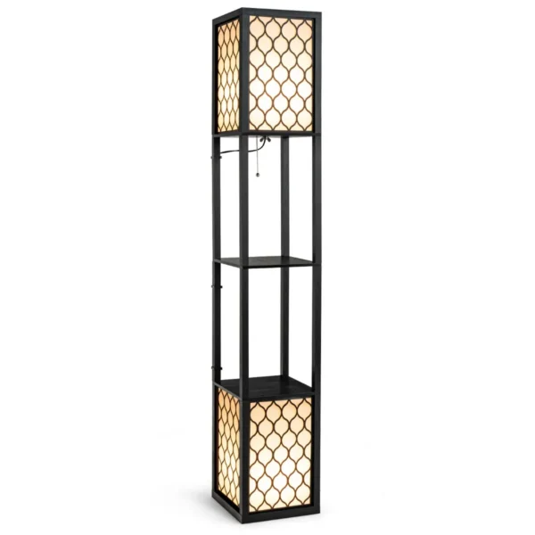 Moderne Plank Staande Vloerlamp Vrijstaande Dubbele Lamp Met Twee Lagen Houten Plank & Witte Lampenkap