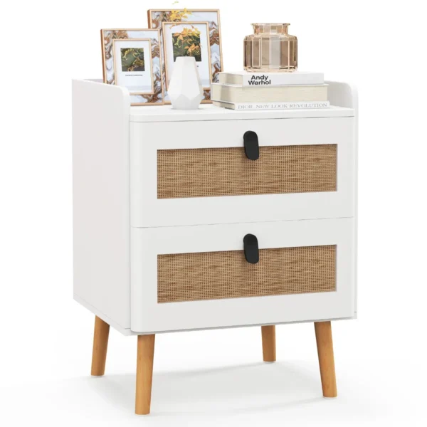 Nachtkastje Met 2 Lades En Massief Houten Poten Moderne Bijzettafel Nachtkastjes In Boho-Stijl Accenttafel Wit
