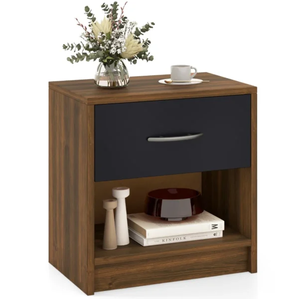 Nachtkastje Met Lade Nachtkastje Met Open Opbergplank Compacte Tafel Voor Kleine Ruimte Moderne Bijzettafel-Bruin
