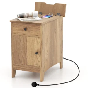 Nachtkastje Met Oplaadstation Bijzettafel Met USB-Poorten En Stopcontacten Salontafel Met Lade Opbergkast Tijdschriftenrek-Natuur