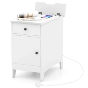 Nachtkastje Met Oplaadstation Bijzettafel Met USB-Poorten En Stopcontacten Salontafel Met Lade Opbergkast Tijdschriftenrek Wit