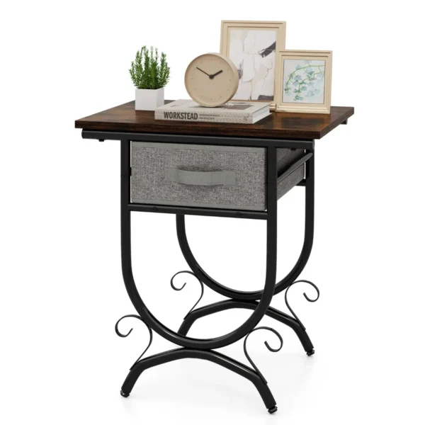 Nachtkastje Met Stoffen Lade 2-Laags Industrieel Nachtkastje Bank-Bijzettafel Met Houten Blad En Metalen Frame Voor Slaapkamer Woonkamer