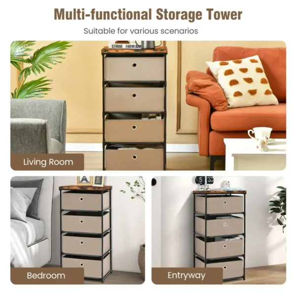 Nachtkastje met stoffen laden bijzettafel met metalen frame opbergkast stoffen commode voor slaapkamer woonkamer (bruin, 4 laden) 5