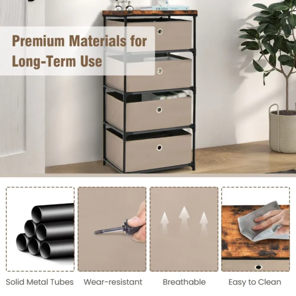 Nachtkastje met stoffen laden bijzettafel met metalen frame opbergkast stoffen commode voor slaapkamer woonkamer (bruin, 4 laden) 6