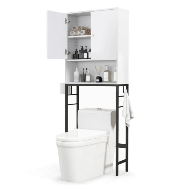 Opbergkast Boven Het Toilet Vrijstaand Met 2 Deuren Verstelbare Plank Verstelbare Onderbalk 2 Zijhaken Voor Badkamer Wasruimte-Wit