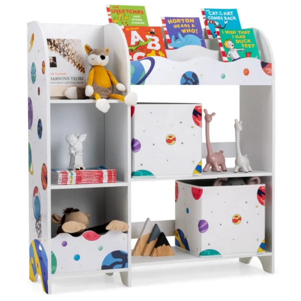 Opbergrek Voor Kinderen Houten Plank Met 3 Niveaus En 5 Vakken 2 Stoffen Lades En 3 Ruimtes Voor Speelgoed En Boeken Wit