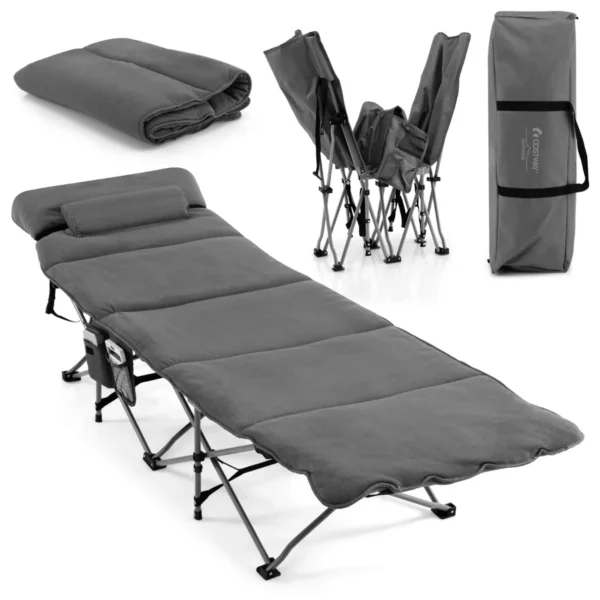 Opvouwbaar Veldbed Campingbed Met Matras Kussen En Zijtas Tot 150 Kg Belastbaar Incl. Draagtas Voor Camping Strand Grijs