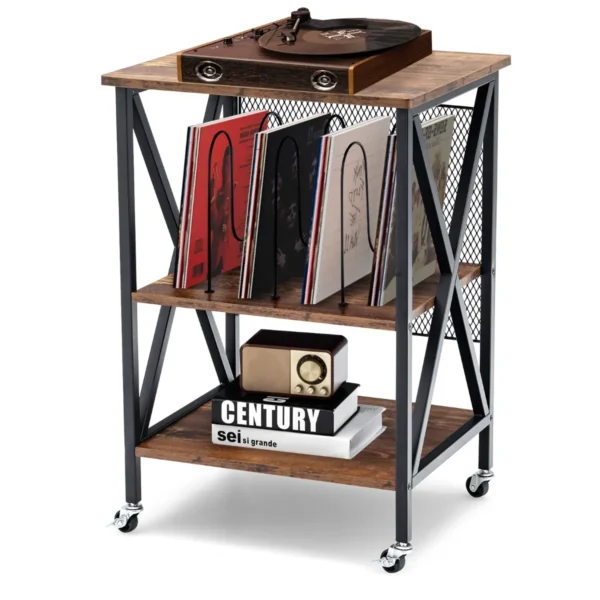 Platenspeler Standaard Met Vergrendelbare Wielen 3-Laags Platenspeler Standaard Rustiek Vinyl Platenrek Met 3 Verdelingen Bruin