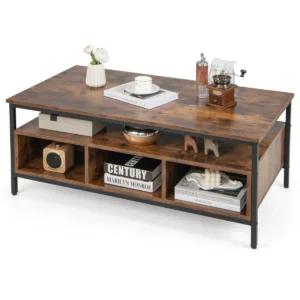 Rechthoekige salontafel met 3 niveaus cocktailtafel in industriële stijl met stevig metalen frame theetafel met open schap en vakken 1