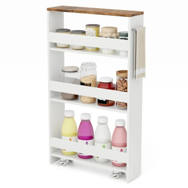 Rolbare 4-Lagen Smalle Keuken Opslag Trolley Met Zij Handvat Ruimtebesparende Smalle Voorraadkast Planken Kar Wit