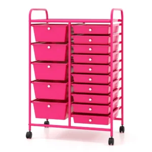 Rolbare Opslagtrolley Met 15 Lades Multifunctionele Trolley Met Uitneembare Lades En Vergrendelbare Wielen Voor Kantoren Scholen Roze