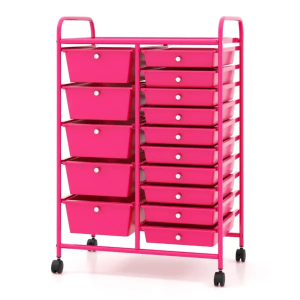 Rolbare Opslagtrolley Met 15 Lades Multifunctionele Trolley Met Uitneembare Lades En Vergrendelbare Wielen Voor Kantoren Scholen Roze