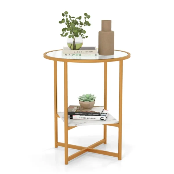 Ronde Bijzettafel Golvend Gehard Glazen Bankuiteinde Verguld Metalen Frame Faux Marmeren Plank Kleine Moderne Salontafel 50 X 50 X 60 Cm