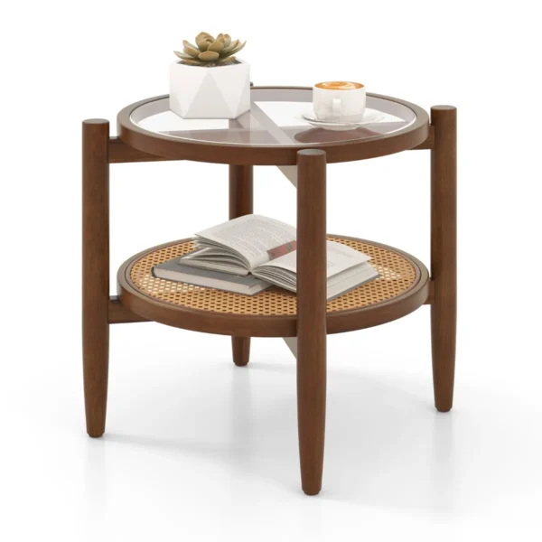 Ronde Houten Bijzettafel Eindtafel Met Gehard Glazen Bovenblad Rotan PE Stijlvol Ontwerp Kleine Salontafel 56 X 56 X 46 Cm