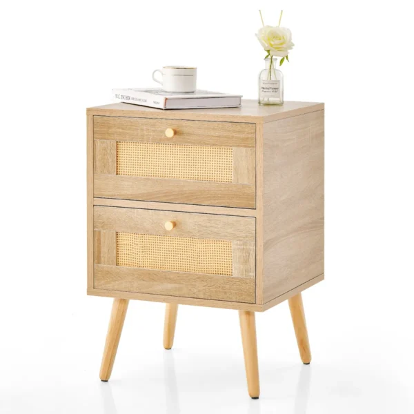 Rotan Nachtkastje Met 2 Laden Mid-Century Modern Bijzettafeltje Massief Houten Poten Voor Woonkamer Slaapkamer Natuurlijk