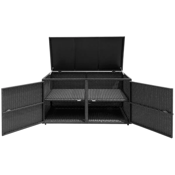 Rotan terrasbox met een inhoud van 335 liter weerbestendige gereedschapskist voor buiten met deksel en 2 planken tuinbox zwart 2