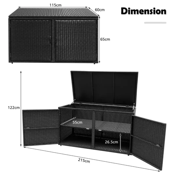Rotan terrasbox met een inhoud van 335 liter weerbestendige gereedschapskist voor buiten met deksel en 2 planken tuinbox zwart 3