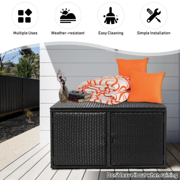 Rotan terrasbox met een inhoud van 335 liter weerbestendige gereedschapskist voor buiten met deksel en 2 planken tuinbox zwart 4