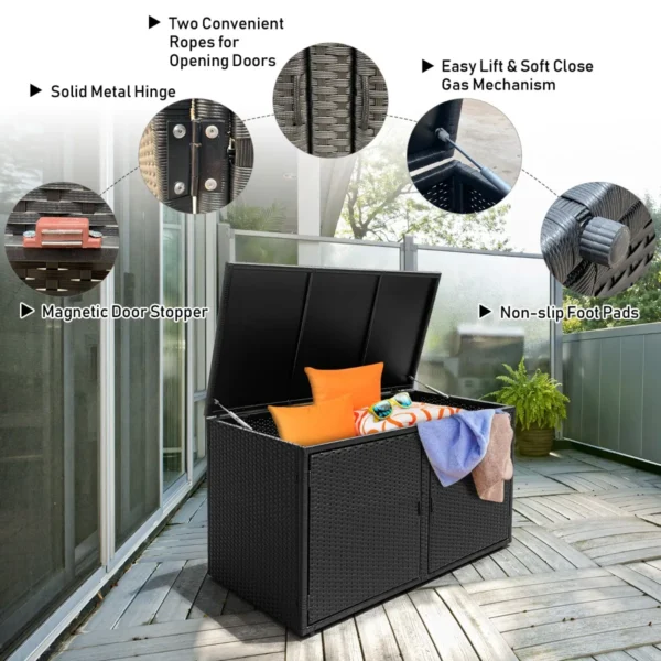 Rotan terrasbox met een inhoud van 335 liter weerbestendige gereedschapskist voor buiten met deksel en 2 planken tuinbox zwart 7