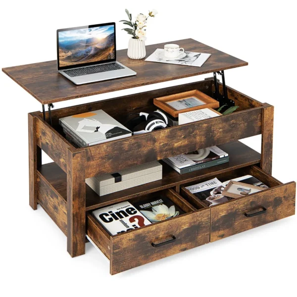 Salontafel In Hoogte Verstelbaar Met Optilbaar Tafelblad En 2 Laden Uittrekbare Woonkamertafel Koffietafel Van Hout 106 X 50 X 48 Cm