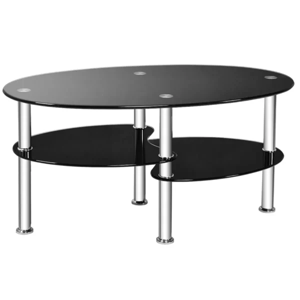 Salontafel Van Gehard Glas 3-Draads Moderne Ovale Theetafel Met Ruim Glazen Blad Moderne Gladde Glazen Tafel Bijzettafel Zwart