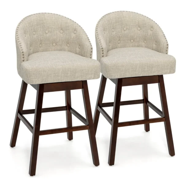 Set Van 2 Draaibare Barstoelen Rubberhouten Poten Gecapitonneerde Rugleuning Ademende Linnen Stof Voor Bar Hotelgebruik