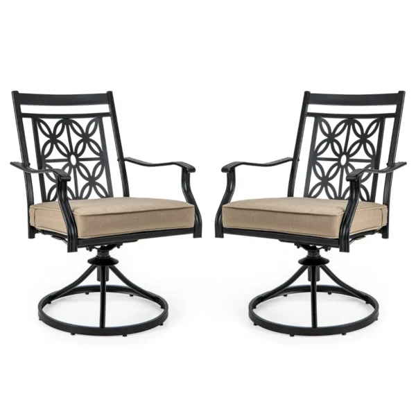 Set Van 2 Draaistoelen Voor Buiten Met Duurzaam Metalen Frame Zacht Kussen Rugleuning Met Bloemenpatroon 360° Draaibaar Bruin