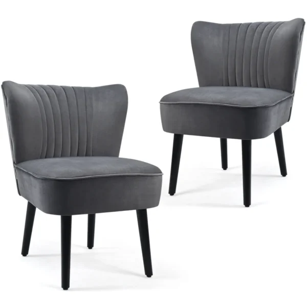 Set Van 2 Fluwelen Bijzetstoelen Rubberhouten Poten Antislip Voetsteunen Ergonomische Rugleuning Brede Gestoffeerde Zitting Grijs