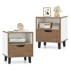 Set van 2 nachtkastjes bijzettafel in mid century stijl met lade metalen poten minimalistisch design vierkant bijzettafeltje 1