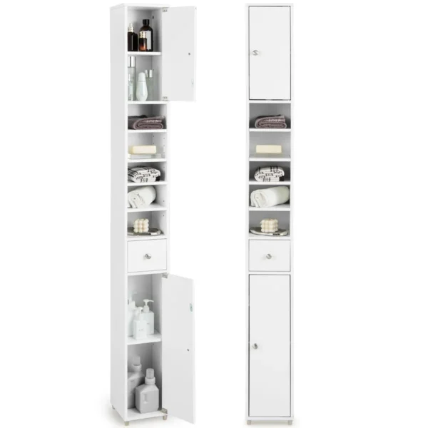 Slank Badkamermeubel Vrijstaande Hoge Kast Met 2 Deuren 1 Lade En 5 Verstelbare Planken Ruimtebesparend Toiletmeubel 20 X 20 X 180 Cm