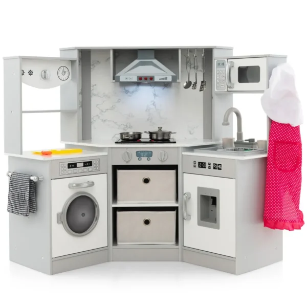 Speelkeuken Voor Kinderen Hoekkeukenset Met Realistische Lichten En Geluiden Verlichte Kap Waterdispenser Wasmachine Voor Kinderen 3+