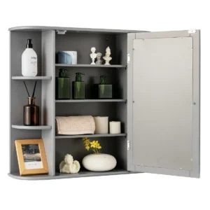 Spiegelkast Badkamer Badkamerspiegel Met Planken Wandkast Met Badspiegel Hangkast Met Spiegeldeur (Grijs)