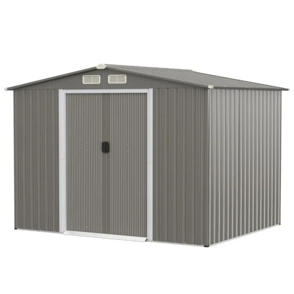 Tuinhuisje Met Fundering Verzinkt Stalen Gereedschapsschuurtje Met Dubbele Deuren & Oprit Metalen Buitenhuisje 260x207x180cm (Grijs)