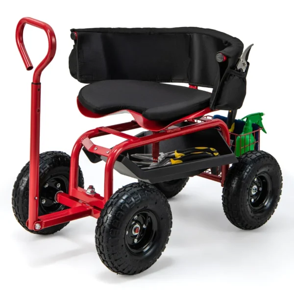 Tuinwagen Met Rolzitting En Uittrekbare Handgreep Mobiele Tuinstoel Met Opbergruimte Mand En Gereedschapstas En Zitkussen Rood