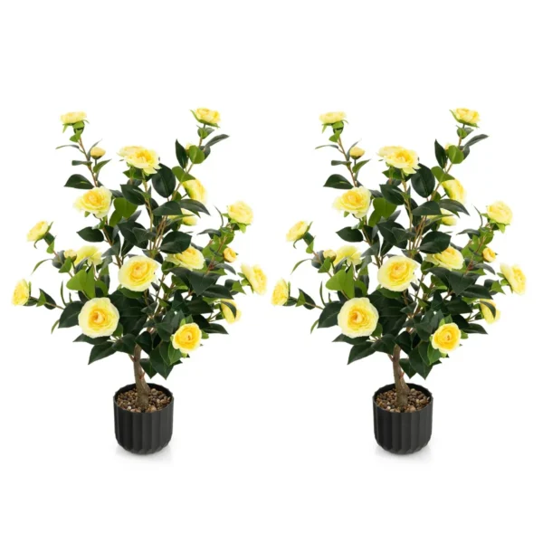 Twee 95 Cm Kunstcamelia Kunstplant Met Nepbloemen In Een Cementpot Nepbloemenplant Winkeldecoratie Kantoordecoratie (2 , Geel）