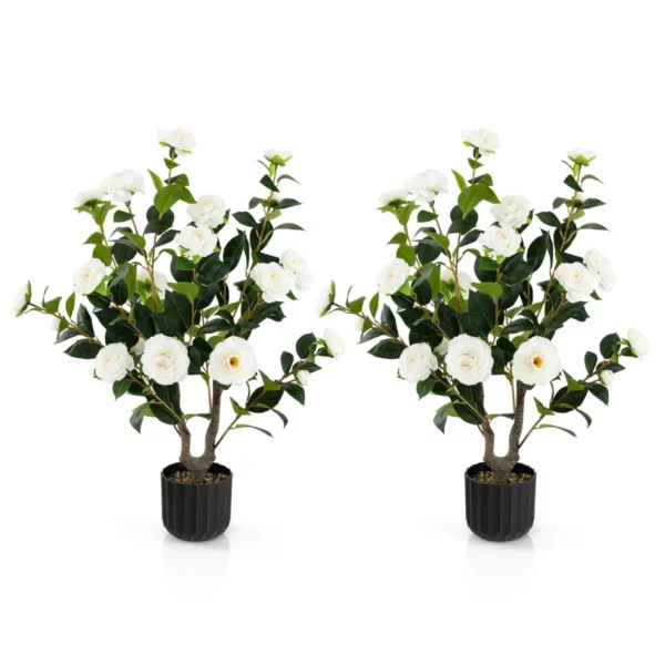 Twee 95 Cm Kunstcamelia Kunstplant Met Nepbloemen In Een Cementpot Nepbloemenplant Winkeldecoratie Kantoordecoratie (2 , Wit）