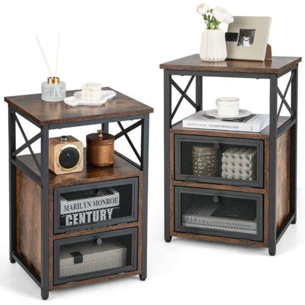 (Twee) Moderne Salontafel Bijzettafel Met 2 Uitklapbare Laden & Open Schap Nachtkastje Met 3 Etages En Metalen Frame Bruin