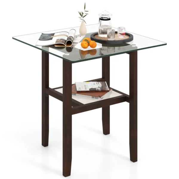 Vierkante Glazen Bijzettafel (61 Cm) Salontafel Met Twee Lagen Opbergplank En Rubberhouten Frame Moderne Bijzettafel Bruin