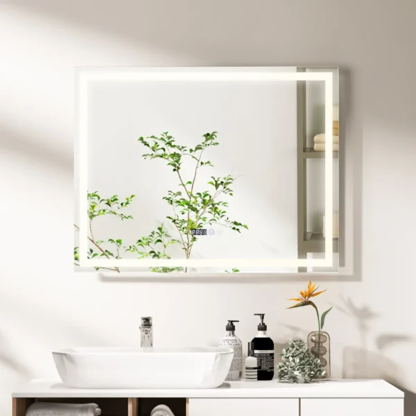 Vierkante LED Wandspiegel Met Anticondensfunctie Waterdichte Make-Upspiegel Met 3 Kleuren 72 Lampjes Aanraakscherm 90 X 70 X 4 Cm