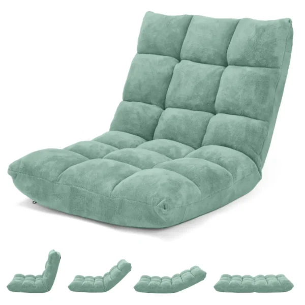 Vloerstoel Met Rugsteun Koraalfluwelen Fauteuil Met 14-Voudig Verstelbare Rugleuning Dikke Sponsvulling Lezen TV Kijken-Groen