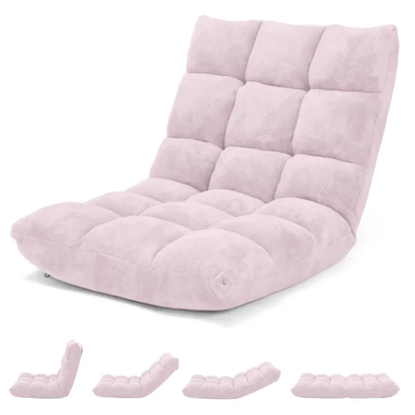 Vloerstoel Met Rugsteun Koraalfluwelen Fauteuil Met 14-Voudig Verstelbare Rugleuning Dikke Sponsvulling Lezen TV Kijken-Roze