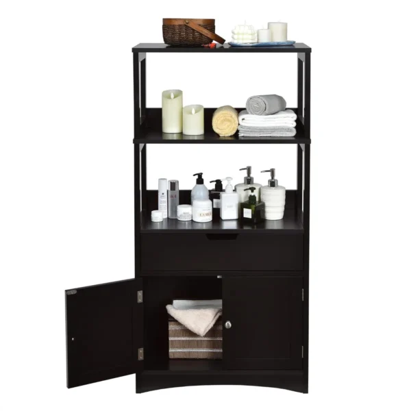 Vrijstaande Badkamerkast Hoge Kast Voor Badkamer Met 2 Deuren En 3 Open Planken En Laden Moderne Multifunctionele Kast (Zwart)