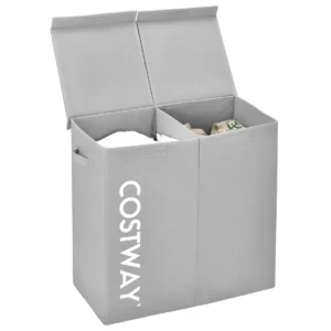 Wasmand met deksel 115 l wasverzamelaar 2 vakken wasbox van vliesstof met handgrepen 62 x 31 x 60 cm (grijs) 1