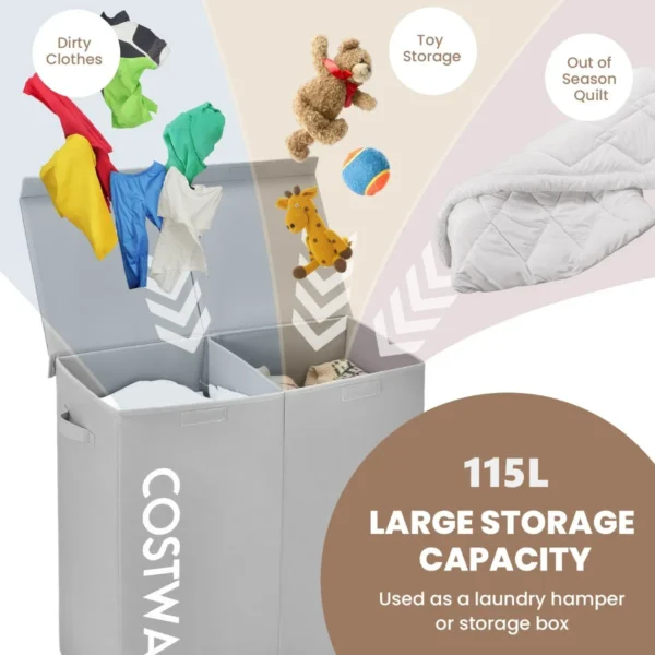 Wasmand met deksel 115 l wasverzamelaar 2 vakken wasbox van vliesstof met handgrepen 62 x 31 x 60 cm (grijs) 4